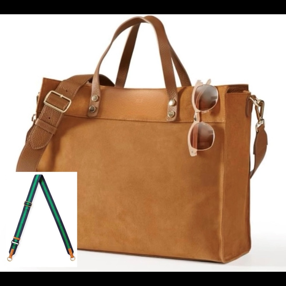 NEW Mark & Graham Suede Chestnut Tote w 2 Shoulder Straps - Leather + Navy/Green